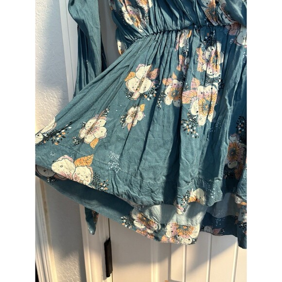 Free People Tuscan Dreams Teal Floral Long Sleeve Tunic Mini Dress Flowy XS - Picture 2 of 7